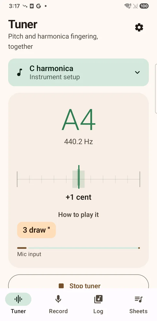 The tuner showing A4 and the fingering for it