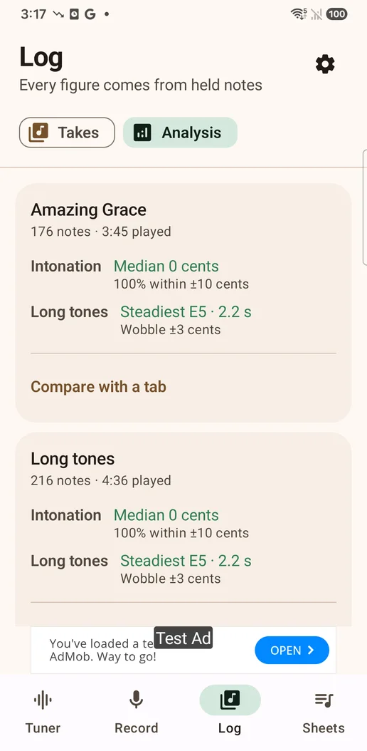 Analysis of intonation, long tones and bends