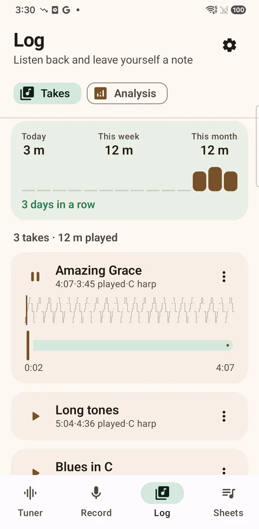 The practice log with a pitch contour above the seek bar