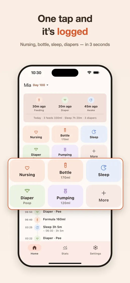 Quick logging controls for common care activities