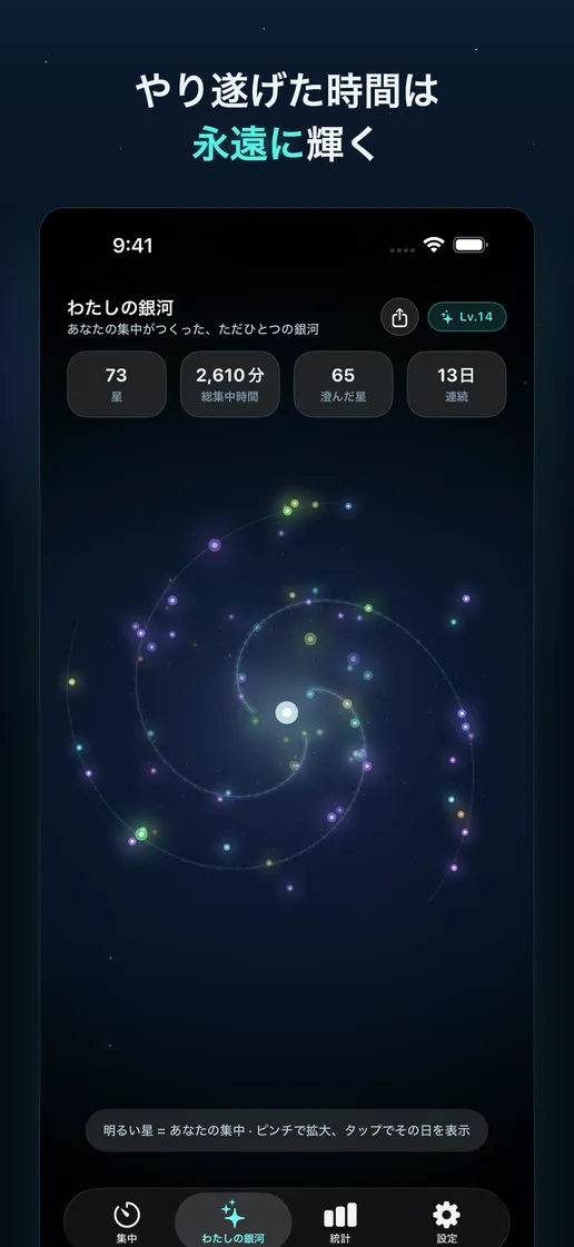 完了した集中が星として重なる自分の銀河画面